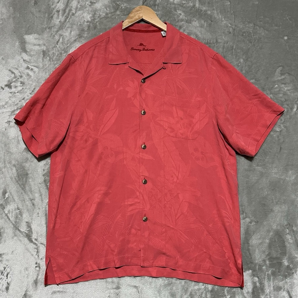 Tommy Bahama Palm Tree Camp Shirt Mens Size L Coral Pink Jacquard Silk Resort